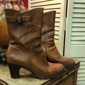 Frye Heeled Buckle Brown Leather Mid Calf boot, 7.5